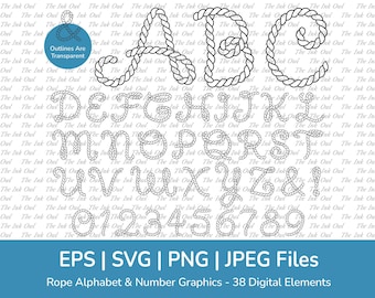 Rope Letter Alphabet and Number Vector Clipart / Transparent Outline Text Banner Graphic / ABC 123 / Nautical Wedding / Png, Jpg, Eps, Svg