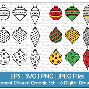 Decorated Ornaments with Color Vector Clipart Set / Outline & Stamp Graphics / Christmas Decoration / PNG, JPG, SVG, Eps