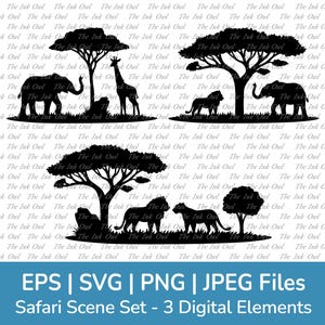 African Animal Safari Savanna Landscape Scene Vector Clipart / Silhuetas gráficas / Elefante, Leão, Girafa / Svg, Png, Eps, Eps