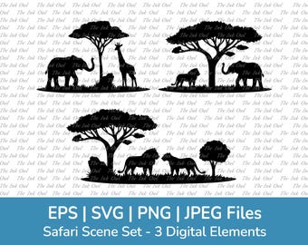 Afrikanische Tiere Safari Savanne, Landschaft, Szene, Vektor-Illustration / Grafische Silhouetten / Elefant, Löwe, Giraffe / svg, Png, Eps, Eps