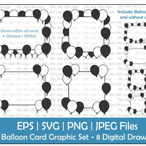 Conjunto de imágenes prediseñadas de tarjetas de borde de marco de globo / gráficos de fiesta / elemento decorativo / cuadrado y rectangular / blanco y negro / PNG, JPG, SVG, EPS