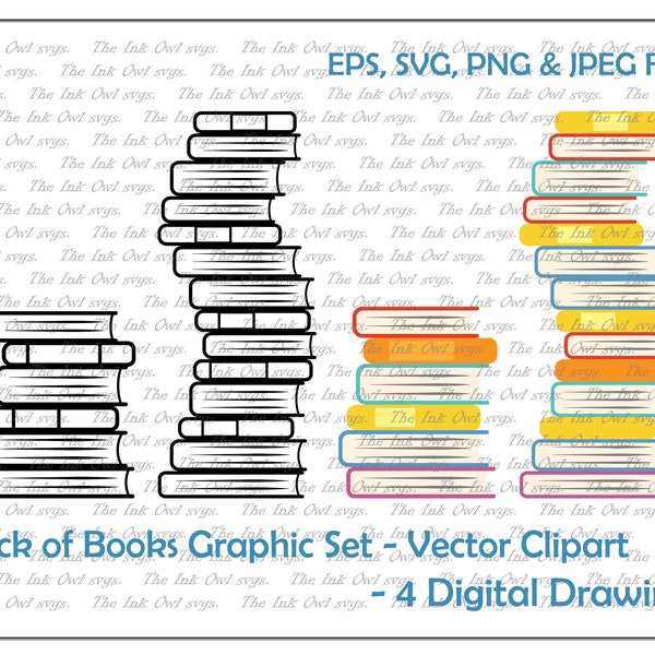 Stack of Books Vector Clipart Set / Outline & Colored Drawing Illustrations / Library School Graphic / PNG, JPG, SVG, Eps