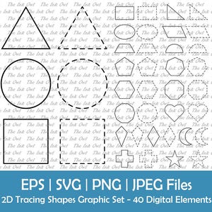 2D geometrische vormen met gestippelde traceerlijnen Clipart / transparante omtrekafbeeldingen / educatieve wiskunde / steeklijnen / Png, Svg, Jpg, Eps
