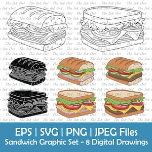 Sandwich Vector Clipart / Outline, Silhouette Stamp & Color Drawing Illustrations / Food / Sub or Submarine and Panini / Svg, Png, Jpg, Eps