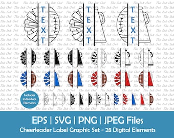 Split Cheerleader Label Clipart / Umriss, Silhouette, Farbige Grafik / Pom-Pom, Megaphon, Fußball / Vorlage / Sport / Png, Jpg, svg, eps