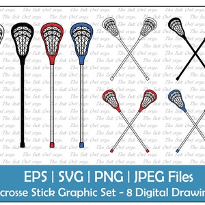 Lacrosse Stick Vector Clipart Set / Outline, Stamp & Color Graphic / Crossed / Red and Blue / Summer Sports / PNG, JPG, SVG, Eps