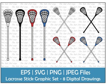 Puede incluir: Conjunto de ocho dibujos digitales de palos de lacrosse. Los palos están cruzados y presentan cabezas de diferentes colores: blanco, negro, rojo y azul.