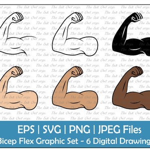 Bicep Muscle Flexing Vector Clipart Set / Outline, Stamp & Color Illustration Graphic / Fitness and Workout/ PNG, JPG, SVG, Eps