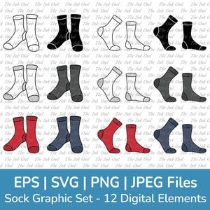 May include: A set of 12 digital illustrations of socks in various colours and patterns. The socks are all in a cartoon style and are perfect for use in crafting projects, scrapbooking, or digital design.