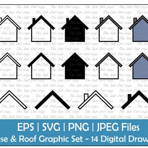 Einfaches Haus & Dach Clipart Set / Outline, Stempel Silhouette und Farbgrafik / Sublimation / Mit Schornstein / PNG, JPG, SVG, Eps