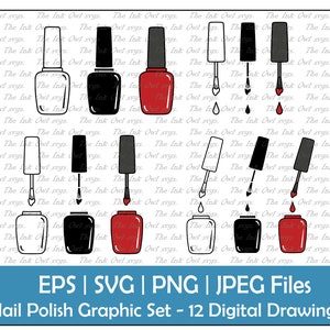 Nagellack Flasche und Pinsel Vektor Clipart Set / Umriss, Stempel und Farbzeichnung Grafik / Geschlossen, Offen, Tropfend / PNG, JPG, SVG, Eps