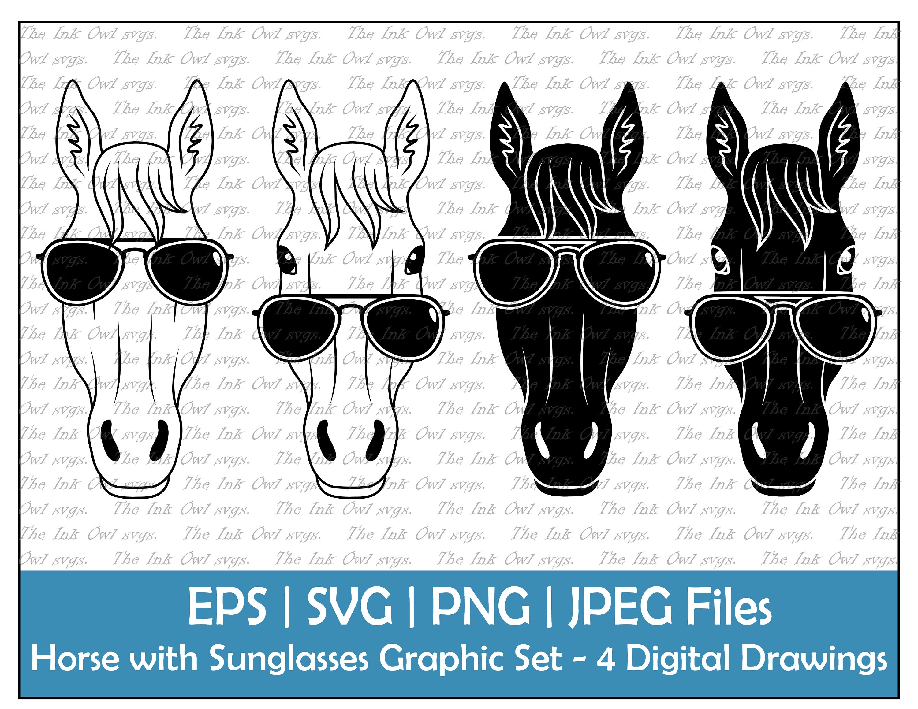 Horse Wearing Sunglasses Vector Clipart Set / Outline & Stamp Etsy