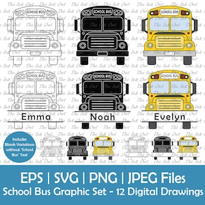 May include: A set of 12 digital drawings of school buses in various styles. The set includes yellow, black, and white school buses with and without the text "School Bus".