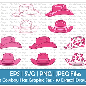 Roze Cowboy Hoed Clipart Set / Outline, Stempel &Color Drawing Graphic / Sublimation / Country Bachelorette / PNG, JPG, SVG, Eps