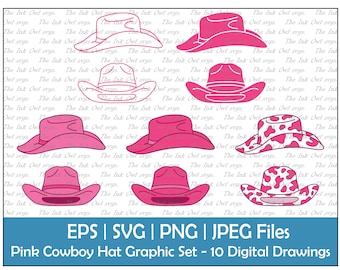 Pink Cowboy Hat Clipart Set / Outline, Stamp & Color Drawing Graphic / Sublimation / Country Bachelorette / PNG, JPG, SVG, Eps