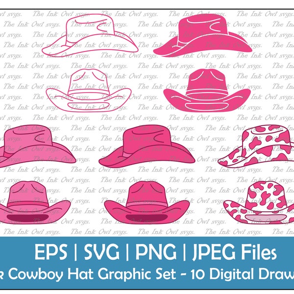 Pink Cowboy Hat Clipart Set / Outline, Stamp & Color Drawing Graphic / Sublimation / Country Bachelorette / PNG, JPG, SVG, Eps
