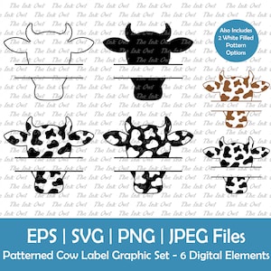 May include: A set of six digital cow label graphics in black, white, and brown. The graphics include a solid black cow, a solid white cow, a brown and white cow, and three black and white spotted cows. The graphics are suitable for use as labels, stickers, or other craft projects. The text "EPS | SVG | PNG | JPEG Files" and "Patterned Cow Label Graphic Set - 6 Digital Elements" is included in the image.