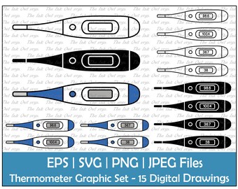 Thermometer Template Clipart Set / Outline, Stamp & Color Graphic / Fever, Normal / Temperature / Commercial Use / PNG, JPG, SVG, Eps
