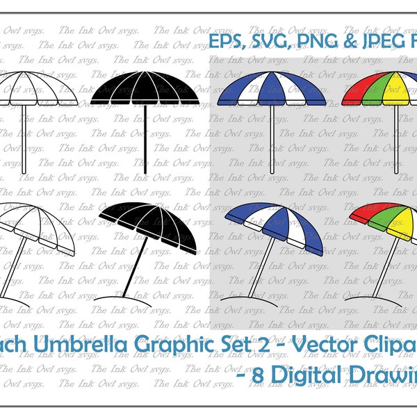 Beach Umbrella Vector Clipart Set / Outline & Stamp Drawing Illustrations / Vacation Graphic / PNG, JPG, svg, Eps