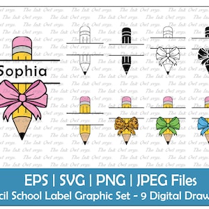 Etiqueta de nome de lápis de volta às aulas com laço vetorial clipart / contorno, carimbo e gráfico colorido / modelo para professores / leopardo / PNG, JPG, SVG, Eps