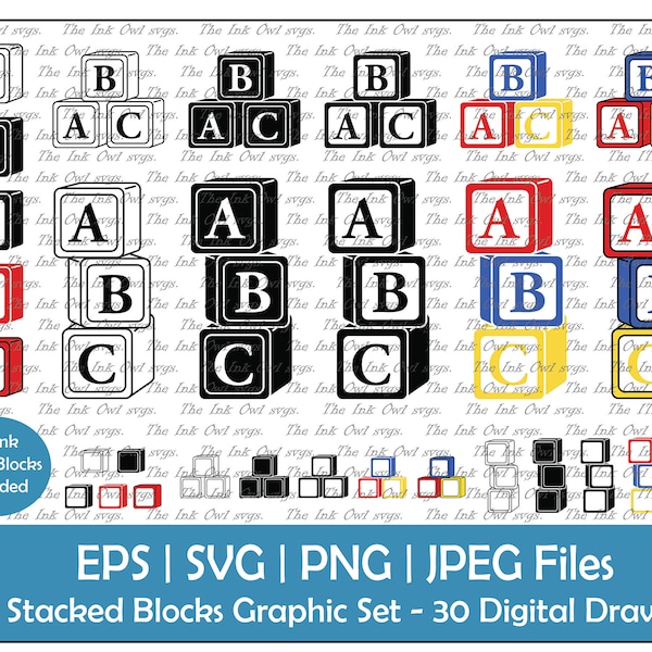 ABC alphabet Blocks Vector Clipart / Outline Silhouette Stamp & Color Drawing Illustrations / Nursery Graphic / PNG, JPG, svg, Eps