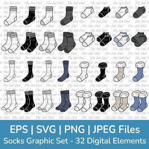 May include: A set of 32 digital illustrations of socks in various colors and styles, including white, black, gray, blue, and a fuzzy style. The socks are all in a cartoon style and are perfect for use in digital projects.