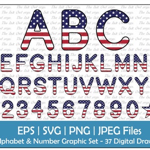 American Flag Letter Alphabet and Numbers Vector Clipart / Outline Text Graphics / ABC 123 Logos banners / USA / Png, Jpg, Svg, Eps