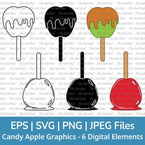 Candy Apple Vector Clipart Set / Outline & Stamp Silhouette Drawing Illustrations / Caramel Food / PNG, JPG, SVG, Eps