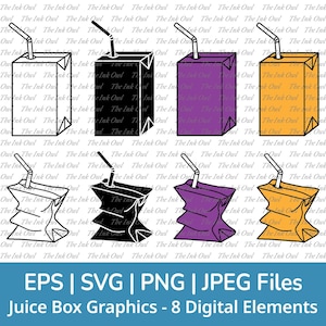 Caja de jugo llena y aplastada, clipart vectorial / Dibujo gráfico de contorno y sello / Comida / PNG, JPG, SVG, Eps
