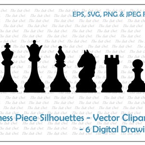 Juego de sellos de piezas de ajedrez, imágenes prediseñadas vectoriales / Rey, Reina, Alfil, Torre, Caballo, Castillo, Peón, Dibujos e ilustraciones / PNG, JPG, SVG, Eps