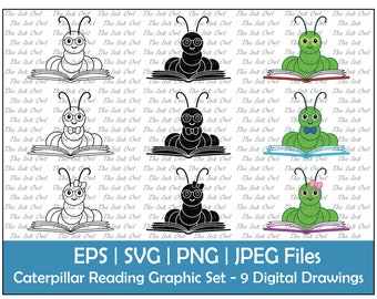 May include: A set of nine digital drawings of caterpillars reading books. The caterpillars are in various colors, including green, black, and white. Some caterpillars are wearing glasses and bow ties. The books are open and have different colored covers.