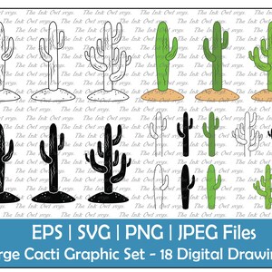 Desert Cactus Vector Clipart / Contorno, silueta y dibujo de color gráfico / Sublimación de plantas de cactus altos / PNG, JPG, SVG, Eps