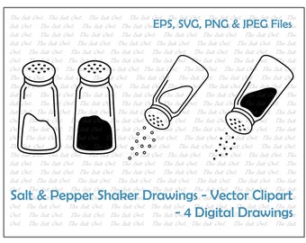 Salt and Pepper Spice Shakers Vector Clipart / Outline & Stamp Drawing Illustrations / Baking cooking ingredients / PNG, JPG, SVG, Eps