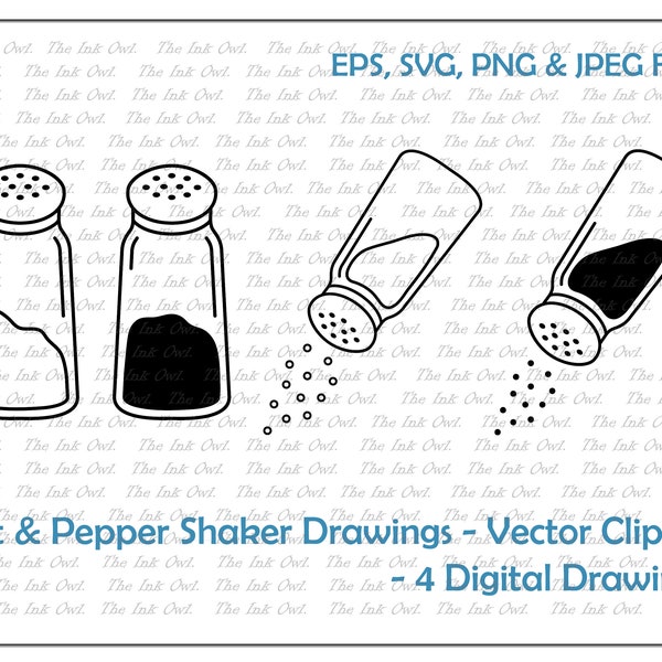 Salt and Pepper Spice Shakers Vector Clipart / Outline & Stamp Drawing Illustrations / Baking cooking ingredients / PNG, JPG, SVG, Eps