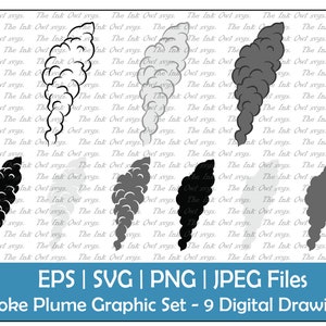 Smoke Plume Vector Clipart Set / Outline, Silhouette Stamp & Color Drawing Illustration / PNG, JPG, SVG, Eps