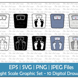 Weighing Scale With Feet Vector Clipart Set / Outline, Silhouette Stamp & Color Graphic / Bathroom Scale / Sublimation / PNG, JPG, SVG, Eps
