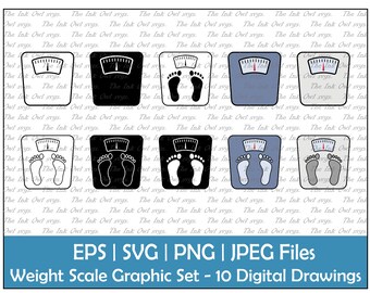 Weighing Scale With Feet Vector Clipart Set / Outline, Silhouette Stamp & Color Graphic / Bathroom Scale / Sublimation / PNG, JPG, SVG, Eps