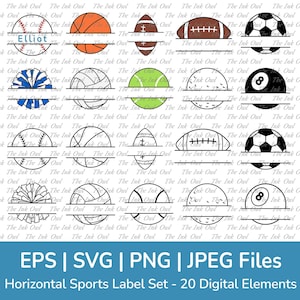 May include: A set of 20 digital sports label designs. The labels are split in half with a space for text in the middle. The labels feature various sports icons, including baseball, basketball, football, soccer, volleyball, tennis, cheerleading, and pool.
