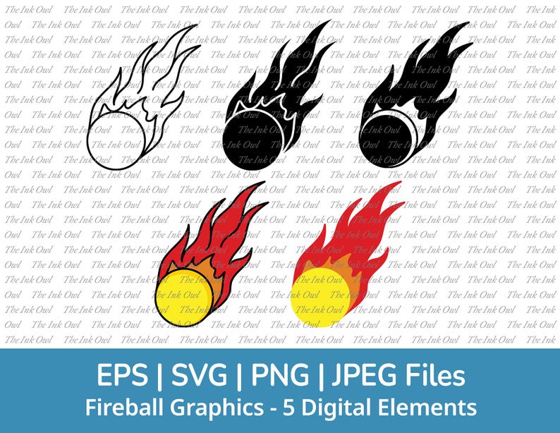 May include: Five digital graphics of fireballs in different colors. The fireballs are black, white, red, yellow, and orange. Each fireball has a flame design and a circle in the center.