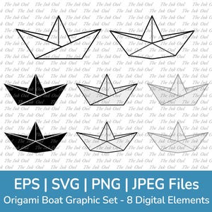 Origami Paper Boat Vector Clipart Set / Outline, Silhouette Stamp & Color Drawing Graphics / Svg, Png, Eps, Jpg