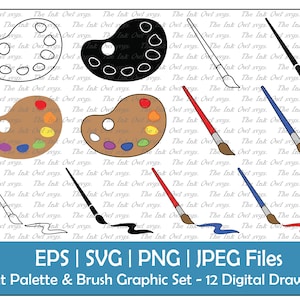 Paint Palette and Paintbrush Vector Clipart Set / Outline, Silhouette Stamp & Color Graphics / Art / PNG, JPG, SVG, Eps