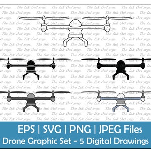 Eenvoudige drone vector clipart set/omtrek, silhouet stempel & kleur tekening illustraties/PNG, JPG, SVG, Eps