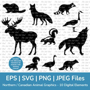 Clipart di sagome di animali canadesi nordamericani / Fauna selvatica della foresta / Alce, castoro, lupo, volpe, puzzola, procione, oca / Svg, Png, Eps, Eps