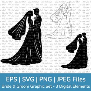 Hochzeitspaar Vektor Design Clipart / Transparente Umriss & Silhouette Stempel Grafik / Braut und Bräutigam tauschen Gelübde aus / svg, Png, Eps, Jpg