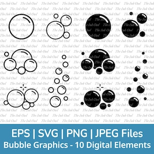 Set di clipart di bolle d'aria / Grafica di timbri di contorno e silhouette / Bolle di sapone / Sublimazione / PNG, JPG, SVG, Eps