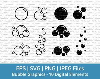 Set di clipart di bolle d'aria / Grafica di timbri di contorno e silhouette / Bolle di sapone / Sublimazione / PNG, JPG, SVG, Eps