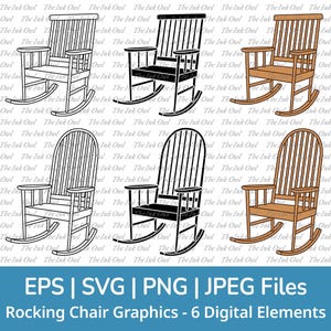 Conjunto de imágenes prediseñadas de mecedora en formato SVG. Contorno, silueta de sello y gráficos de dibujo a color. Imágenes PNG, SVG, EPS y JPG.