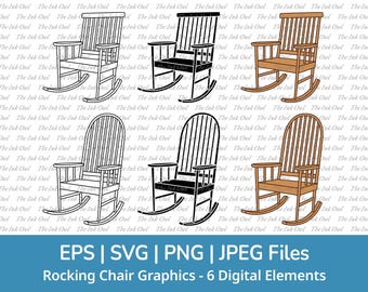 Conjunto de imágenes prediseñadas de mecedora en formato SVG. Contorno, silueta de sello y gráficos de dibujo a color. Imágenes PNG, SVG, EPS y JPG.