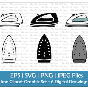 Clothing Iron Vector Clipart Set / Outline and Stamp Digital Drawing Graphic / PNG, jpg, SVG, Eps