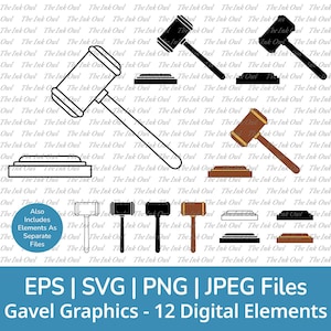Gavel Svg Vector Clipart Set / Outline, Stamp Silhouette & Color Graphic / Court and Law Icon / Png, Svg, Jpg, Eps